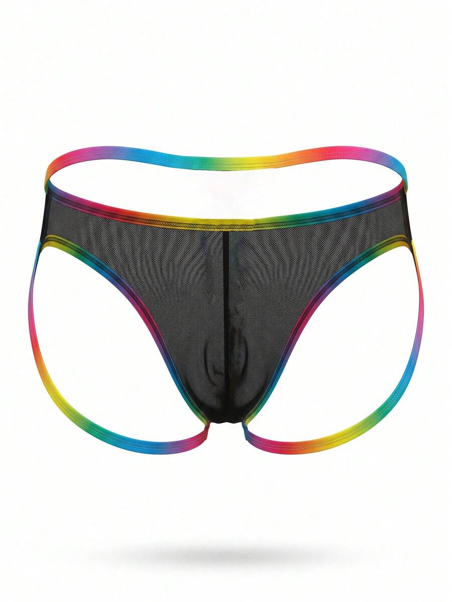 Black men's low rise thong underwear featuring colorblock trim, made from medium stretch polyamide fabric.