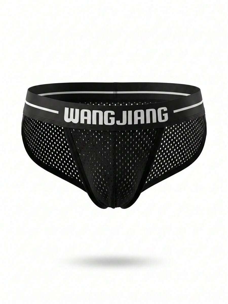 Black men's low rise triangle briefs featuring a colorblock design and letter tape waist detail.