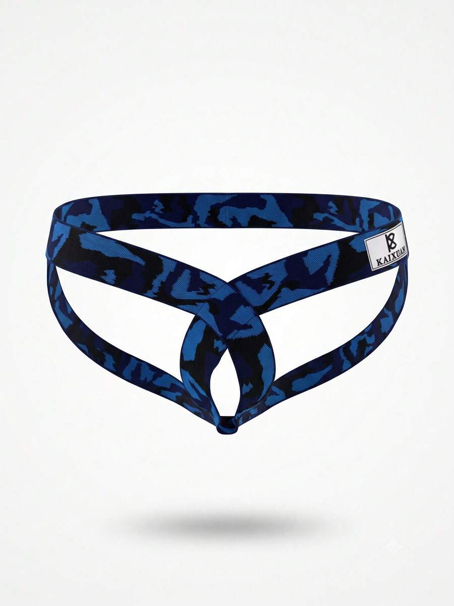 Front view of blue low rise men's ring double thong underwear made of stretch fabric