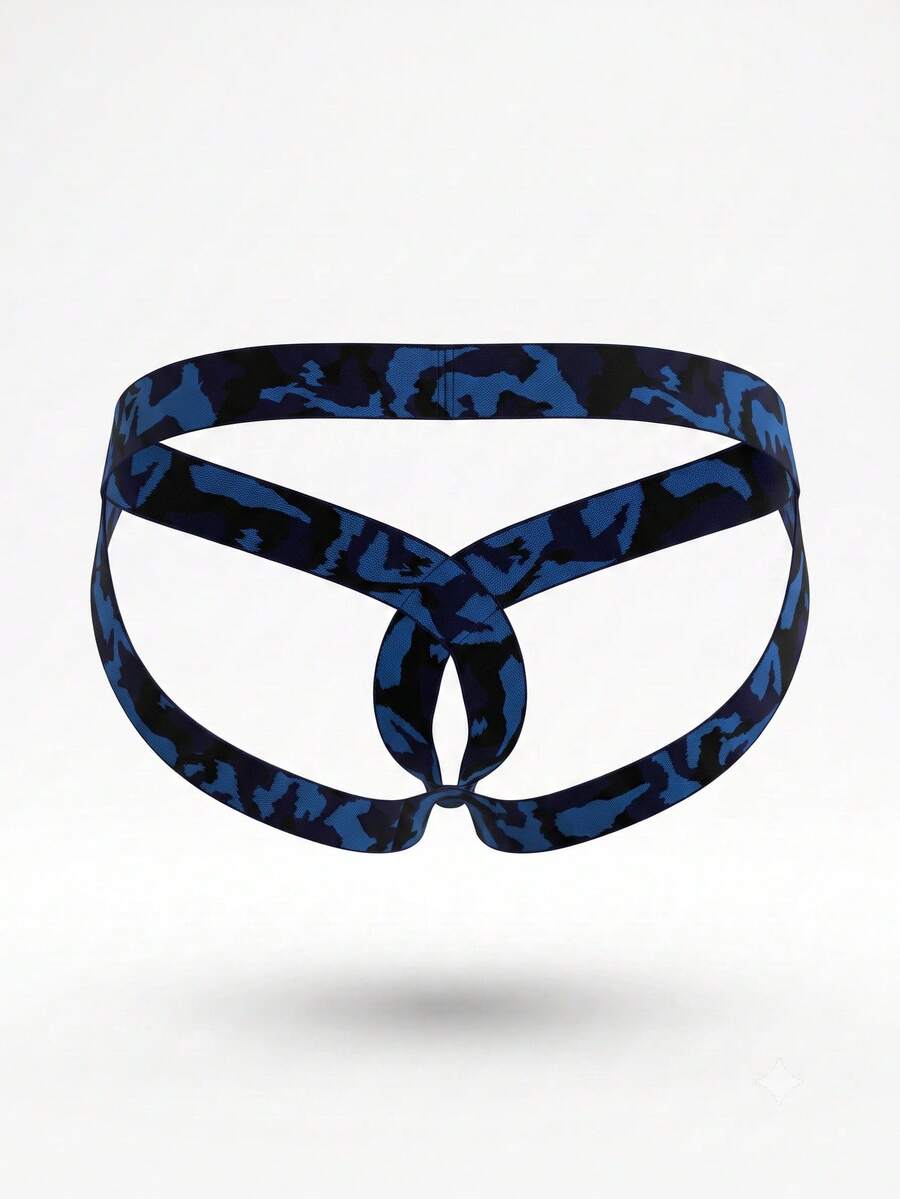 Front view of blue low rise men's ring double thong underwear made of stretch fabric