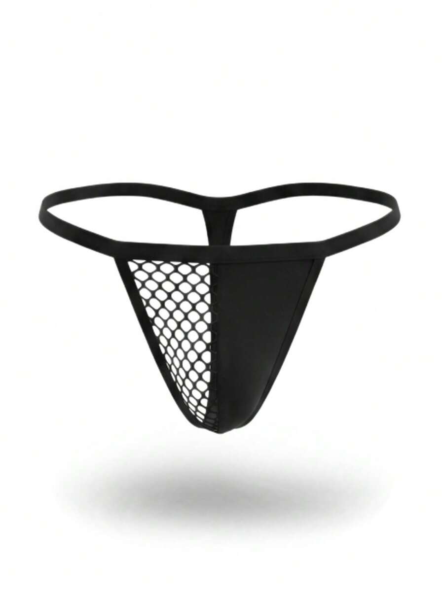 Men's black low-rise thong underwear with a half mesh and half solid fabric design.