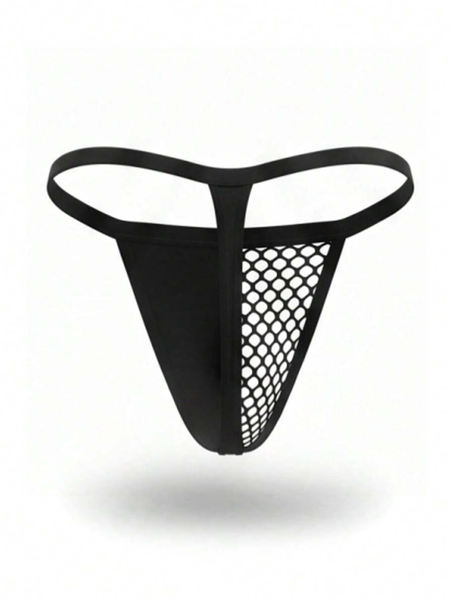 Men's black low-rise thong underwear with a half mesh and half solid fabric design.