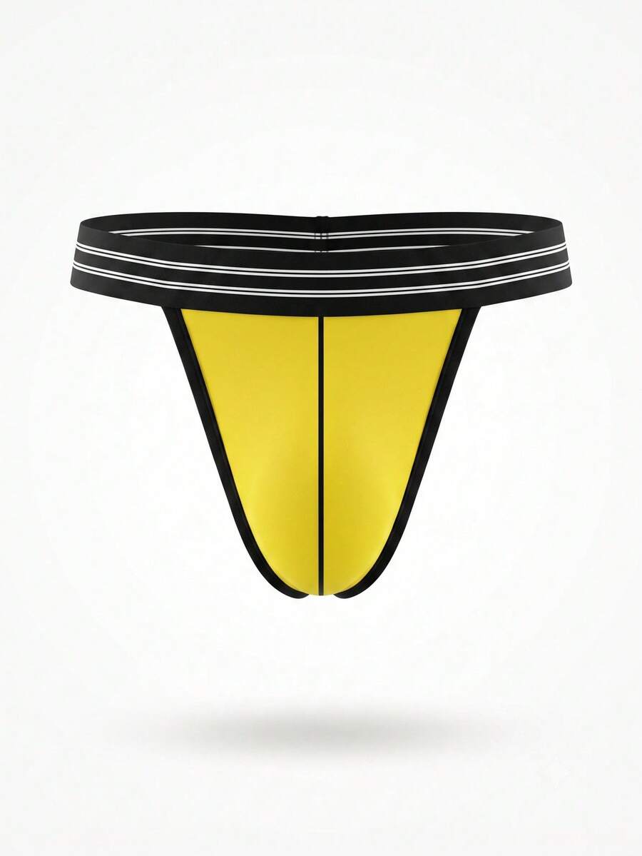 Men's yellow low-rise thong underwear with a striped waistband and tape details in stretch knitted fabric.