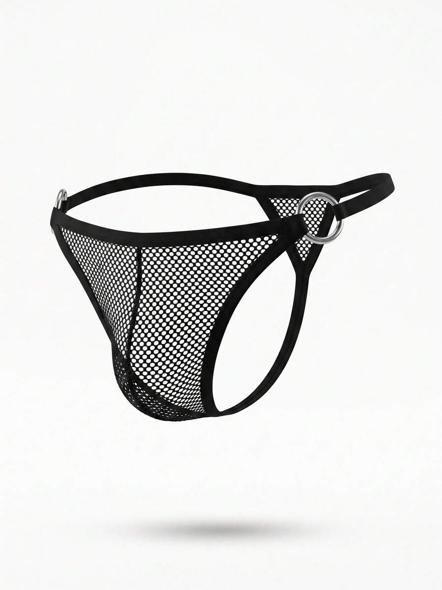 Black men's hollow out T-back thong underwear featuring a front ring detail, low-rise waist, and medium-stretch knitted fabric.