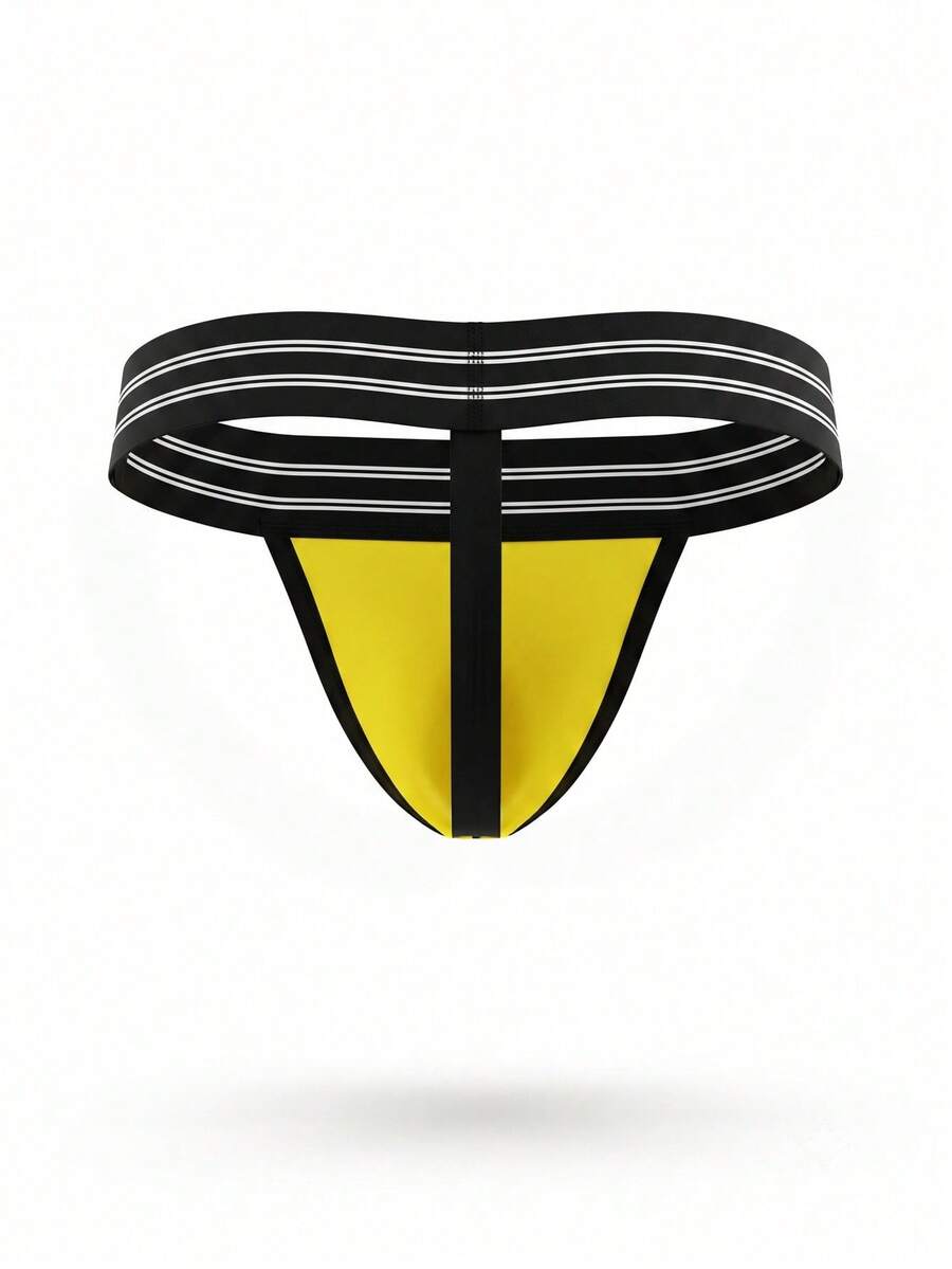 Men's yellow low-rise thong underwear with a striped waistband and tape details in stretch knitted fabric.