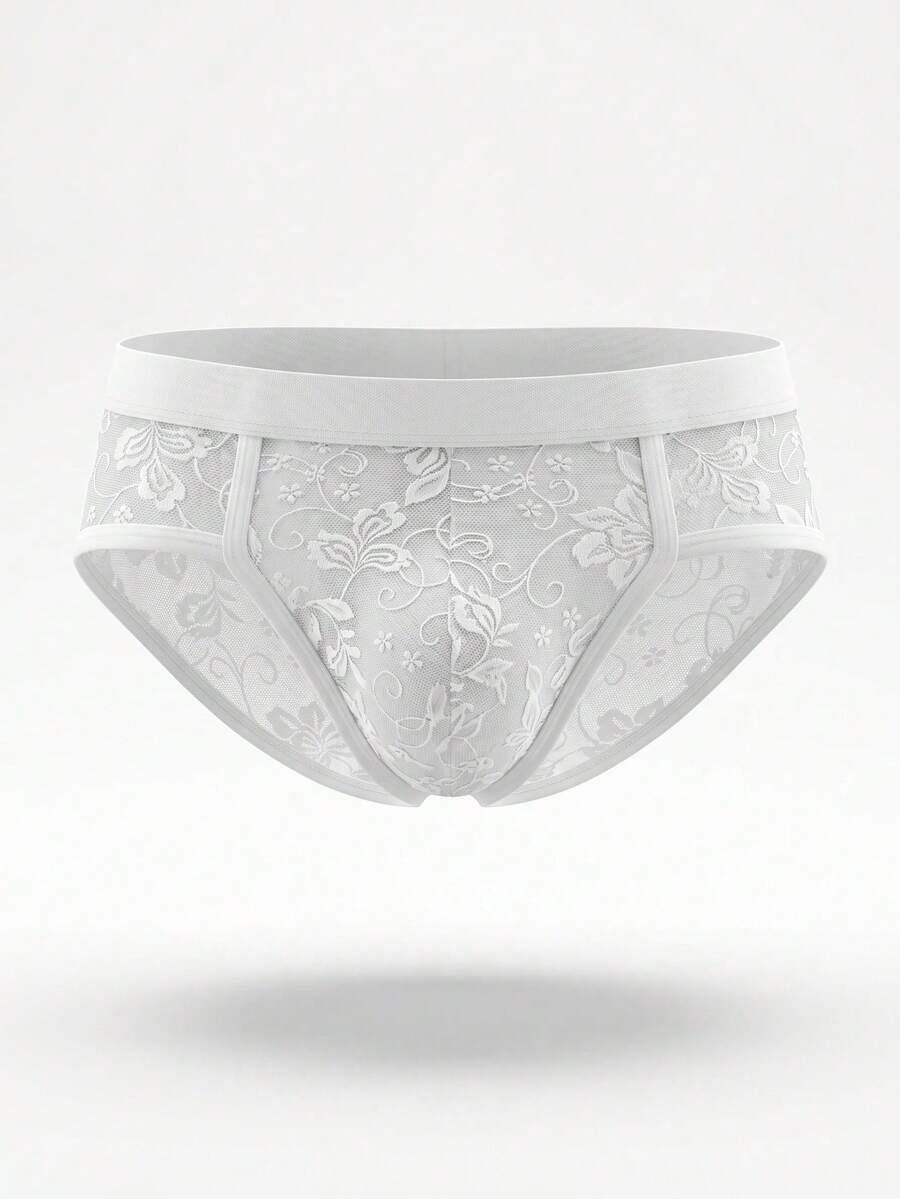 White low-rise men's lace thong underwear featuring a plant pattern.