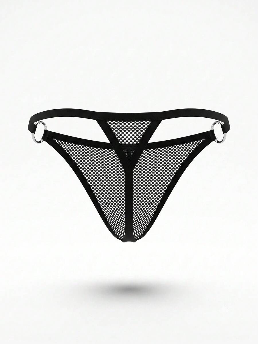 Black men's hollow out T-back thong underwear featuring a front ring detail, low-rise waist, and medium-stretch knitted fabric.