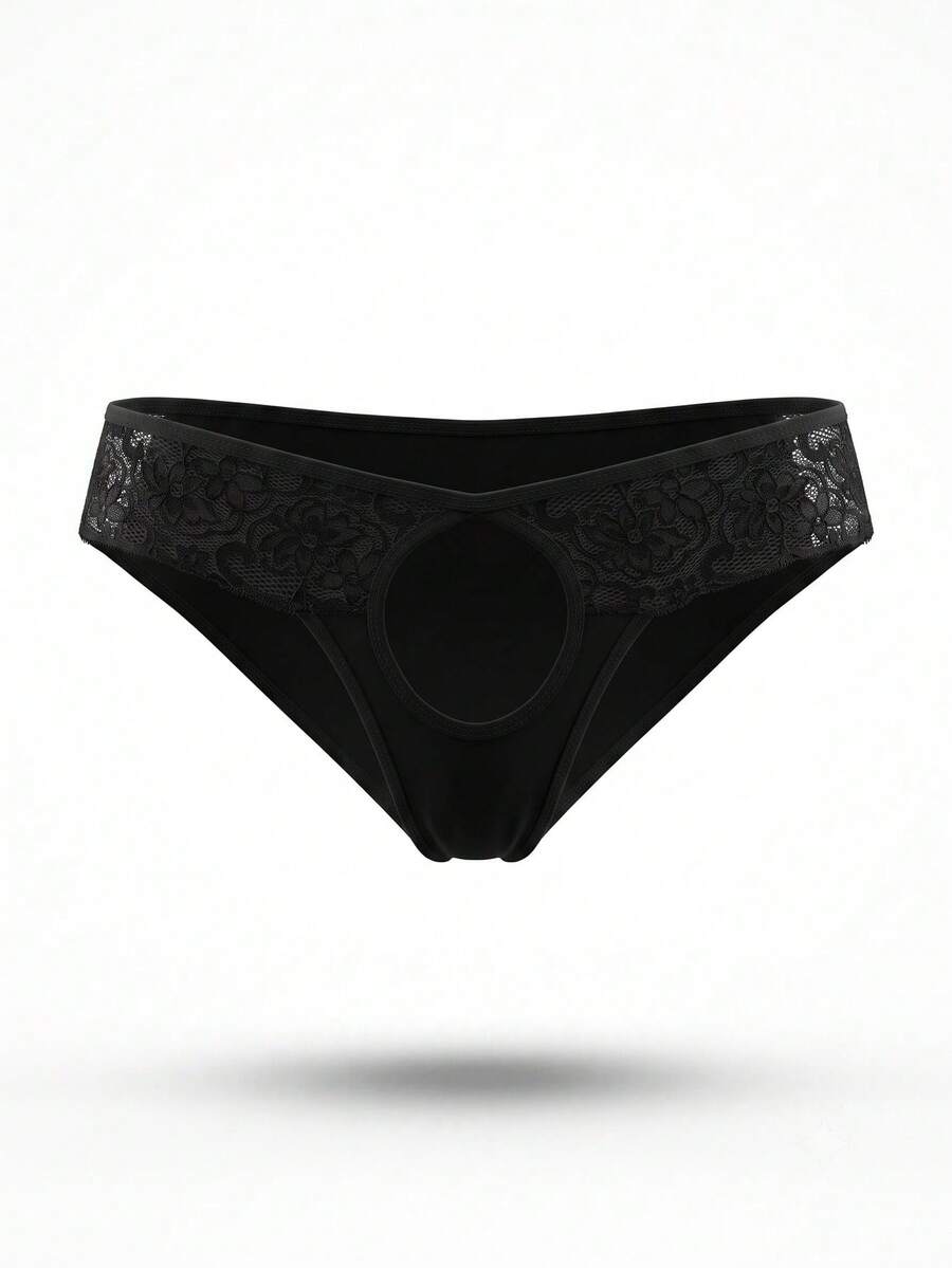 Black low-rise men's brief featuring contrast lace patchwork and cut-out details.