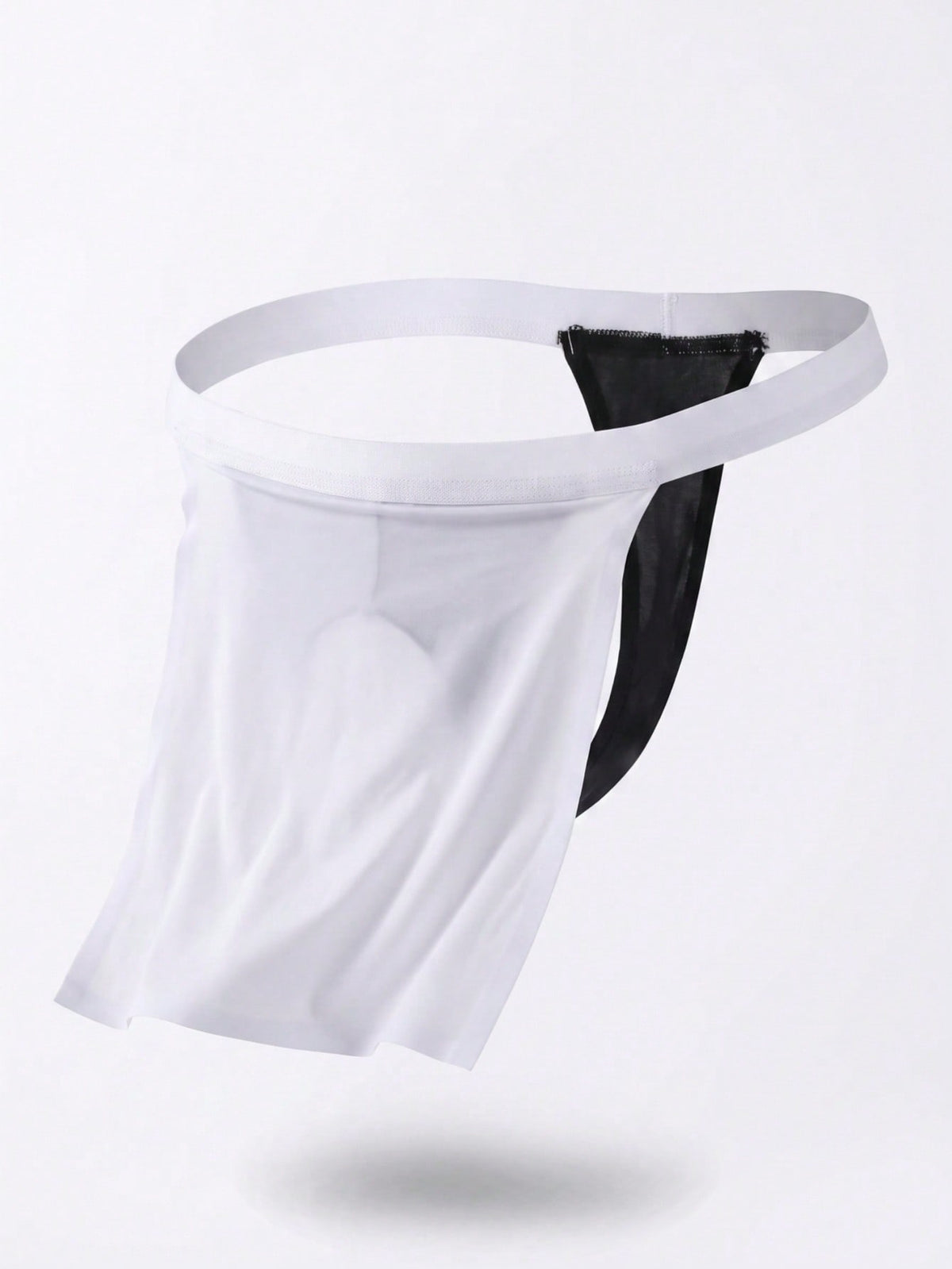 Front view of a men's black low rise thong underwear made from stretch fabric.