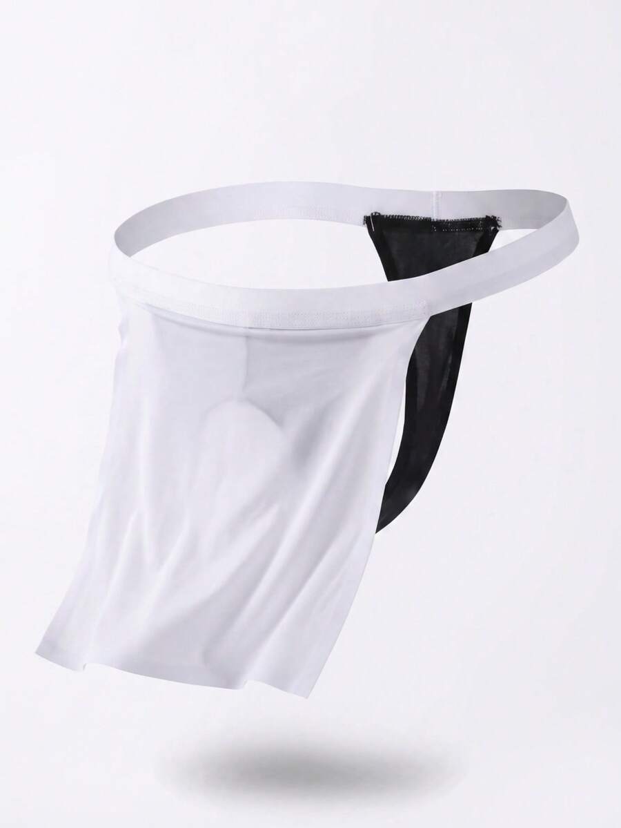 Front view of a men's black low rise thong underwear made from stretch fabric.