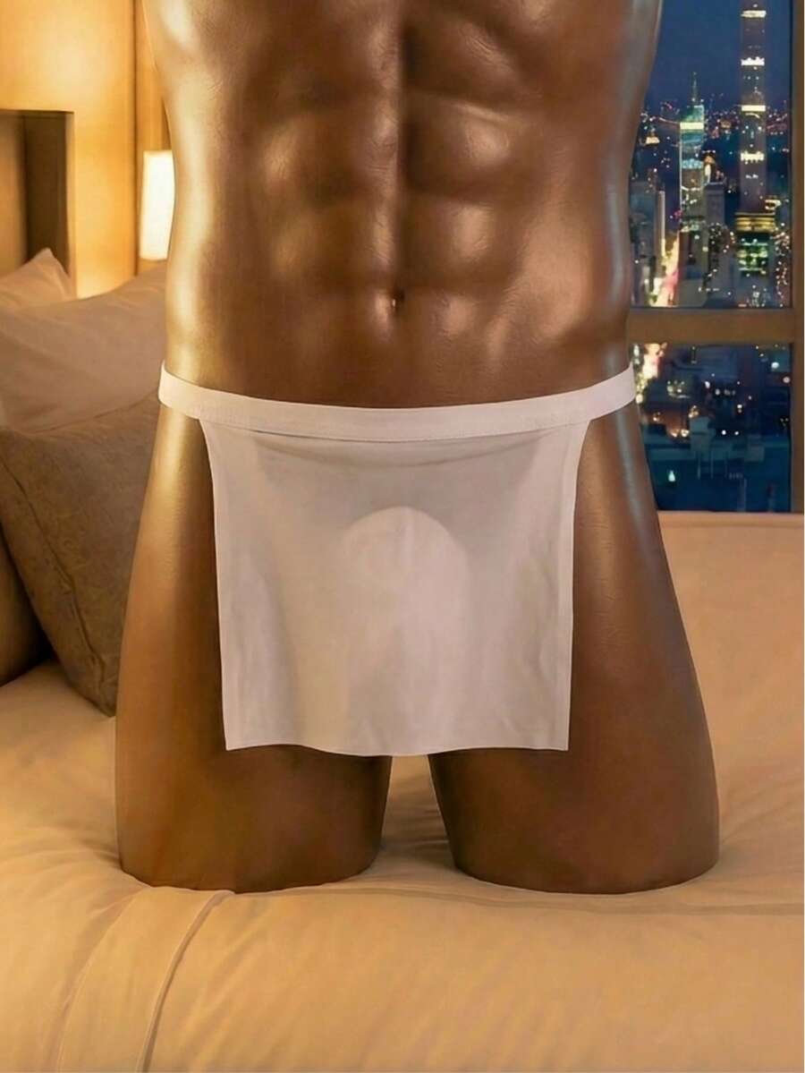 Front view of a men's black low rise thong underwear made from stretch fabric.