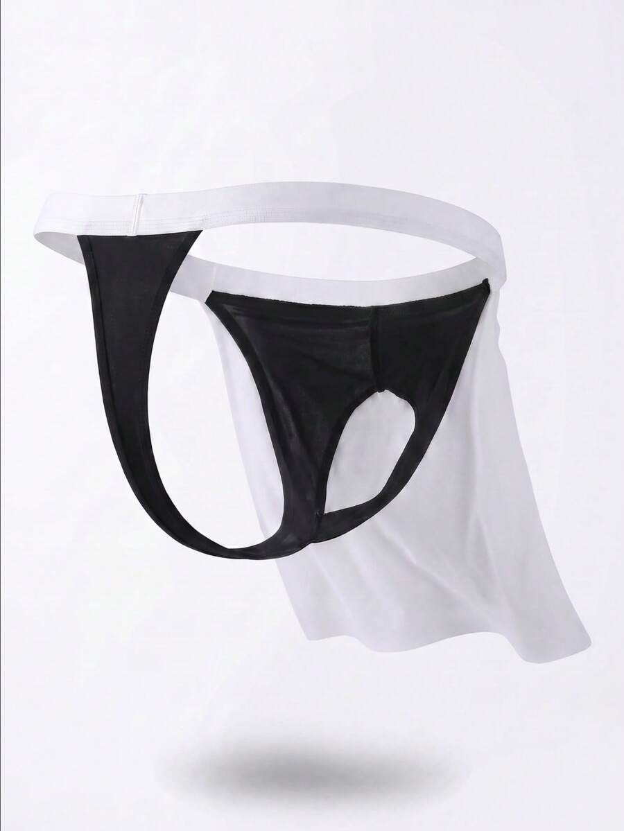 Front view of a men's black low rise thong underwear made from stretch fabric.