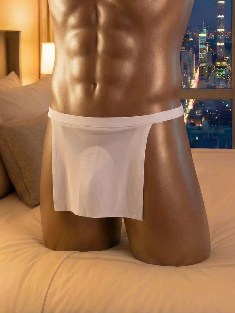 Front view of a men's black low rise thong underwear made from stretch fabric.