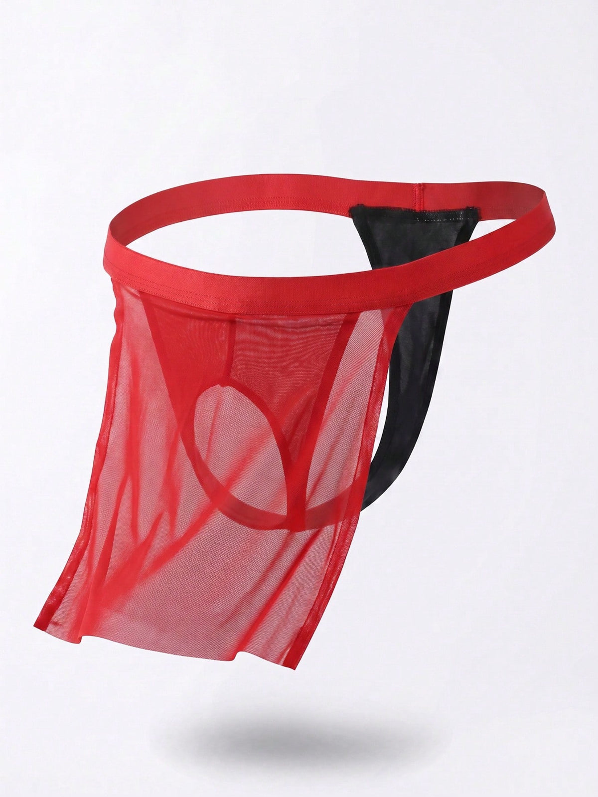 Front view of a men's black low rise thong underwear made from stretch fabric.