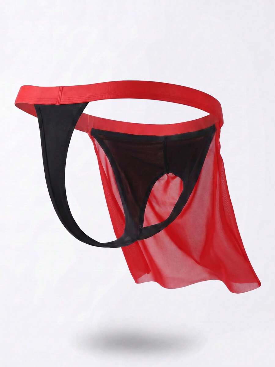 Front view of a men's black low rise thong underwear made from stretch fabric.