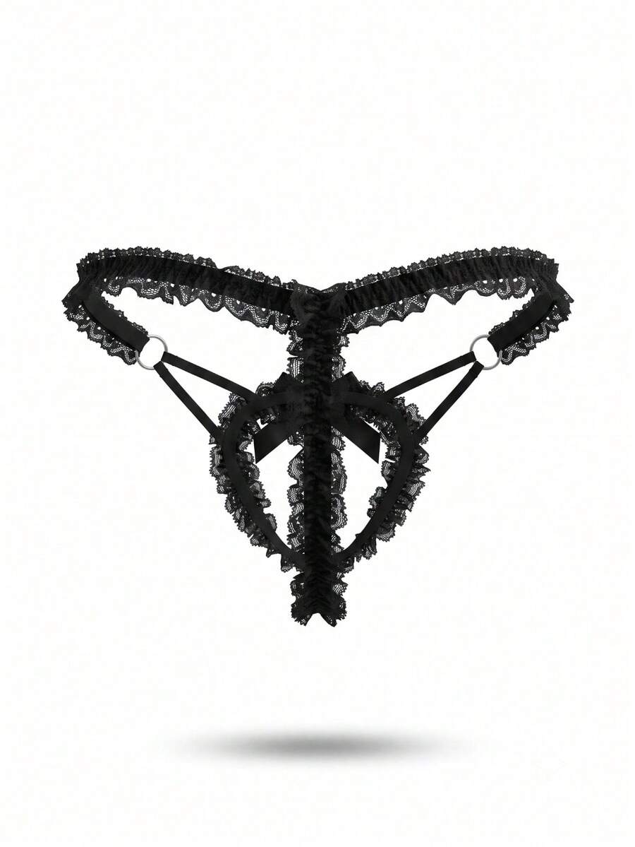 Black men's lace thong featuring low rise V-string styling and front bow detail.