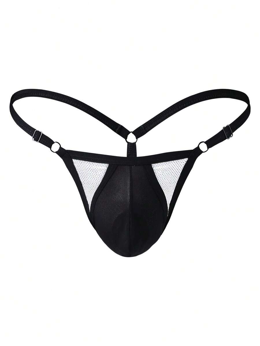 Black low rise men's thong featuring contrast binding detailing and a plain solid design.