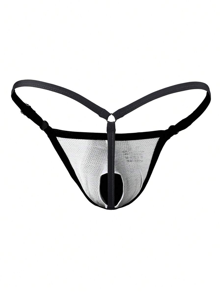 Black low rise men's thong featuring contrast binding detailing and a plain solid design.