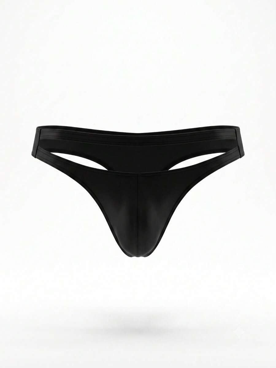 Plain black men's low rise thong underwear crafted from stretch knitted fabric.