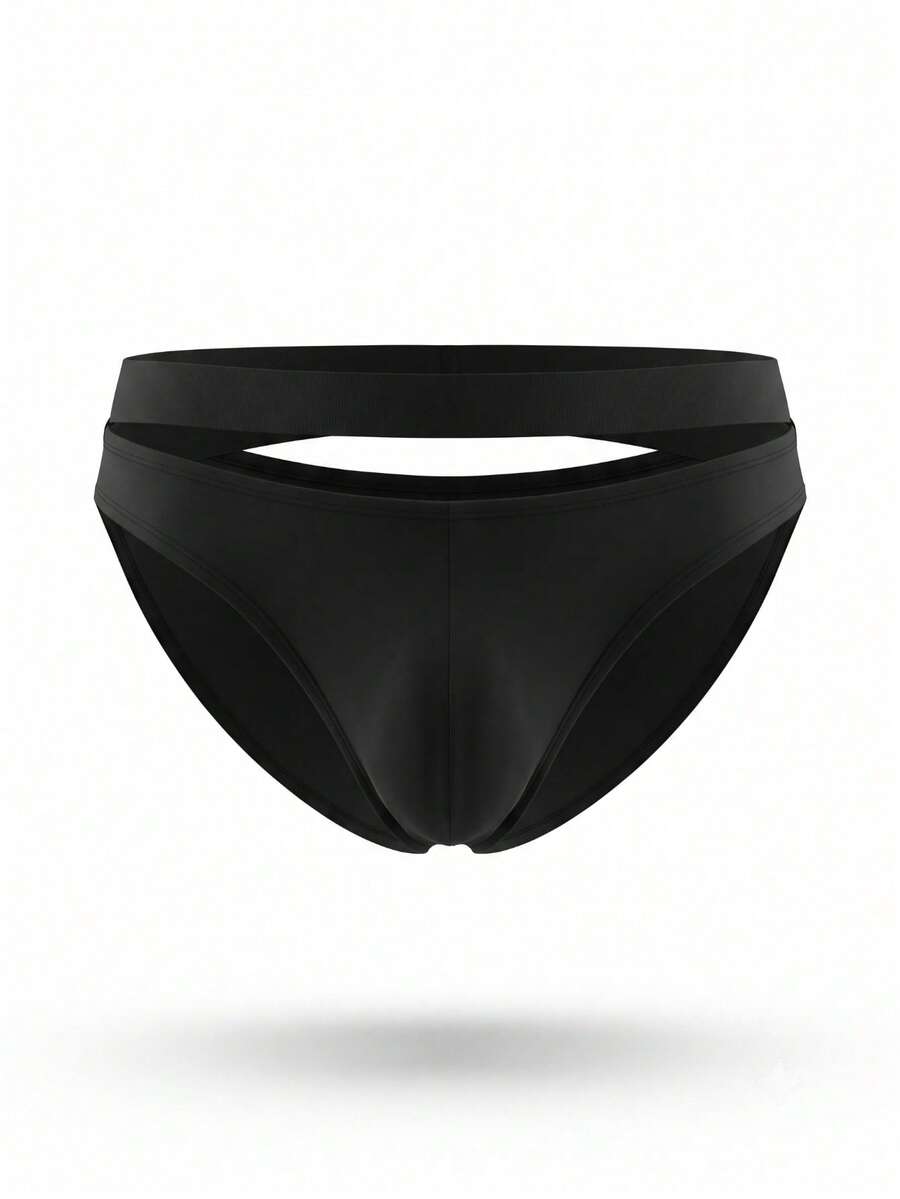 Front view of solid black low rise men's briefs underwear made from stretch knitted fabric.