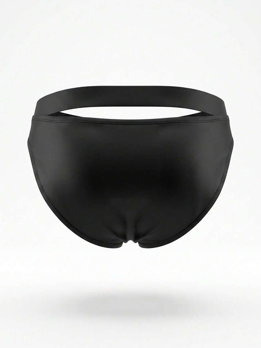 Front view of solid black low rise men's briefs underwear made from stretch knitted fabric.
