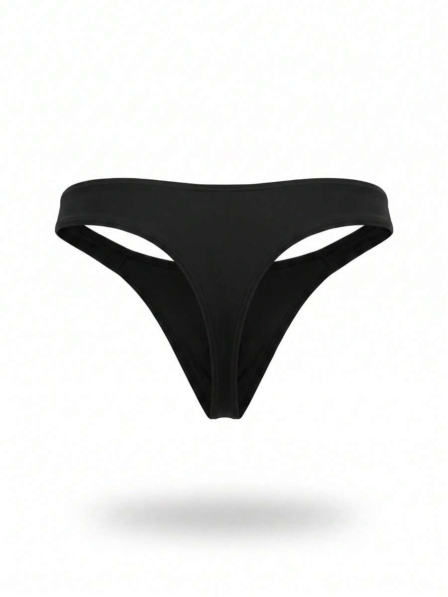 Plain black men's low rise thong underwear crafted from stretch knitted fabric.