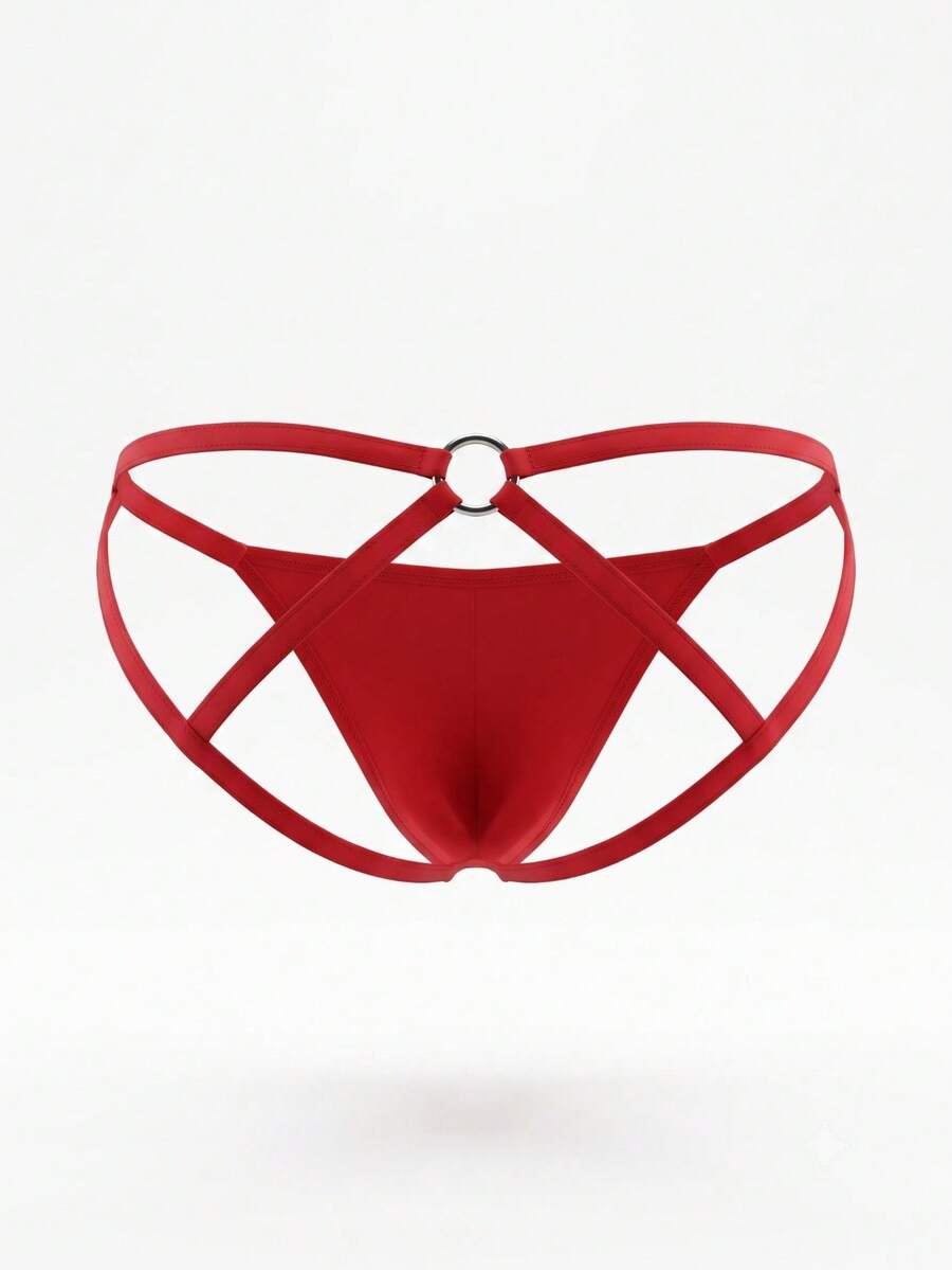 Men's red low rise colorblock jockstrap underwear made from medium stretch knitted fabric.