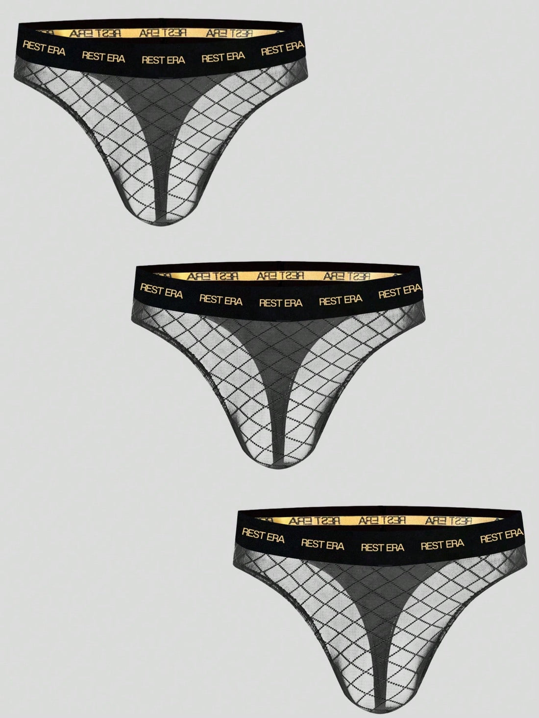 Black men's low rise letter print thongs in semi-sheer knitted fabric 3 piece set