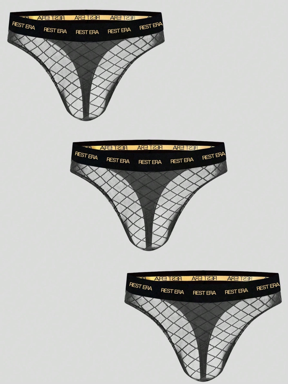 Black men's low rise letter print thongs in semi-sheer knitted fabric 3 piece set