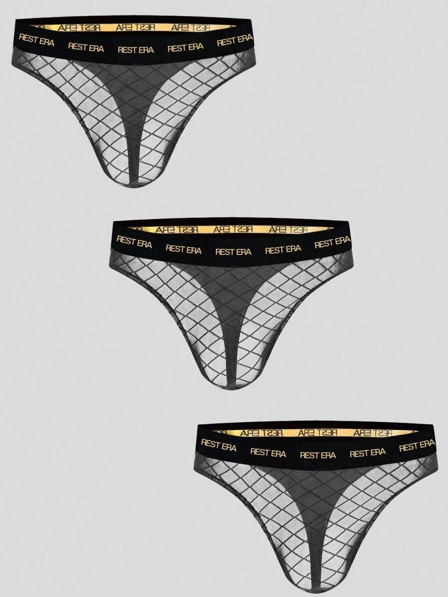 Black men's low rise letter print thongs in semi-sheer knitted fabric 3 piece set