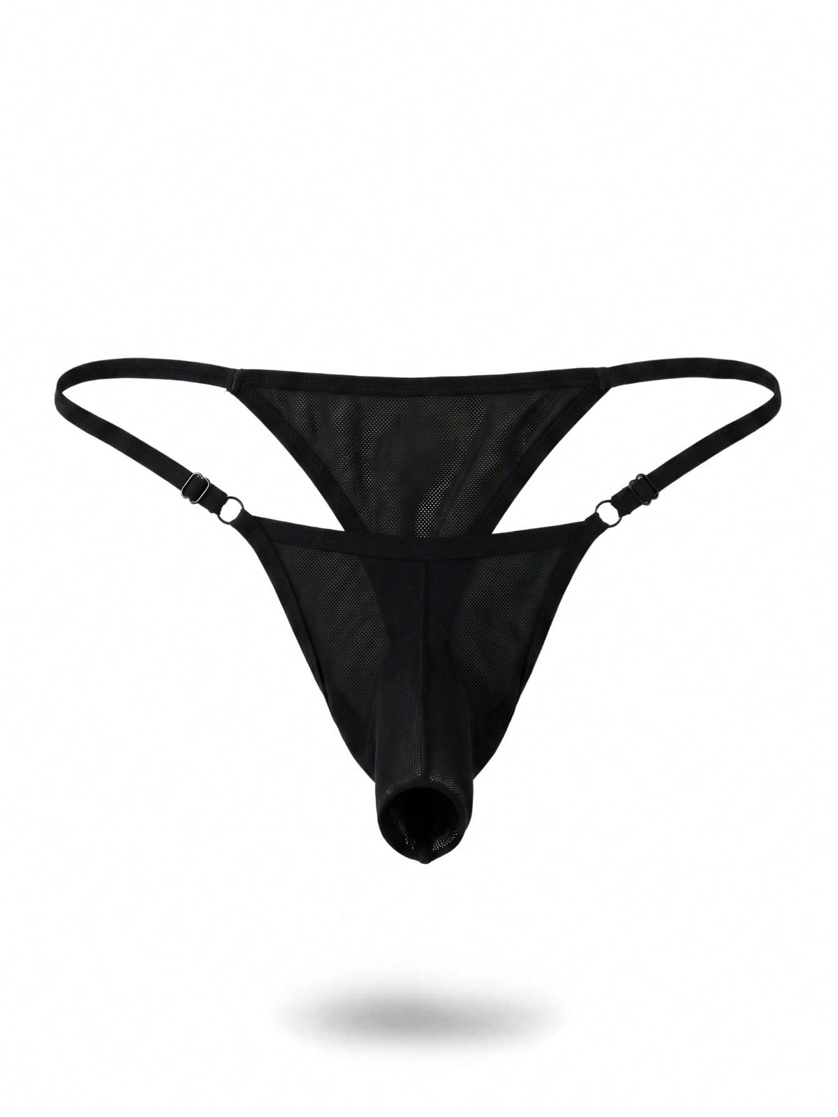 Men's black low rise elephant trunk briefs featuring ring detail and medium stretch fabric.
