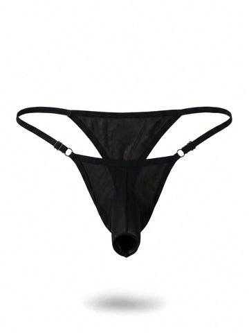 Men's black low rise elephant trunk briefs featuring ring detail and medium stretch fabric.