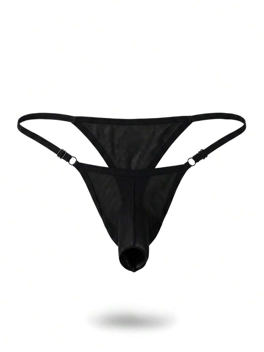 Men's black low rise elephant trunk briefs featuring ring detail and medium stretch fabric.