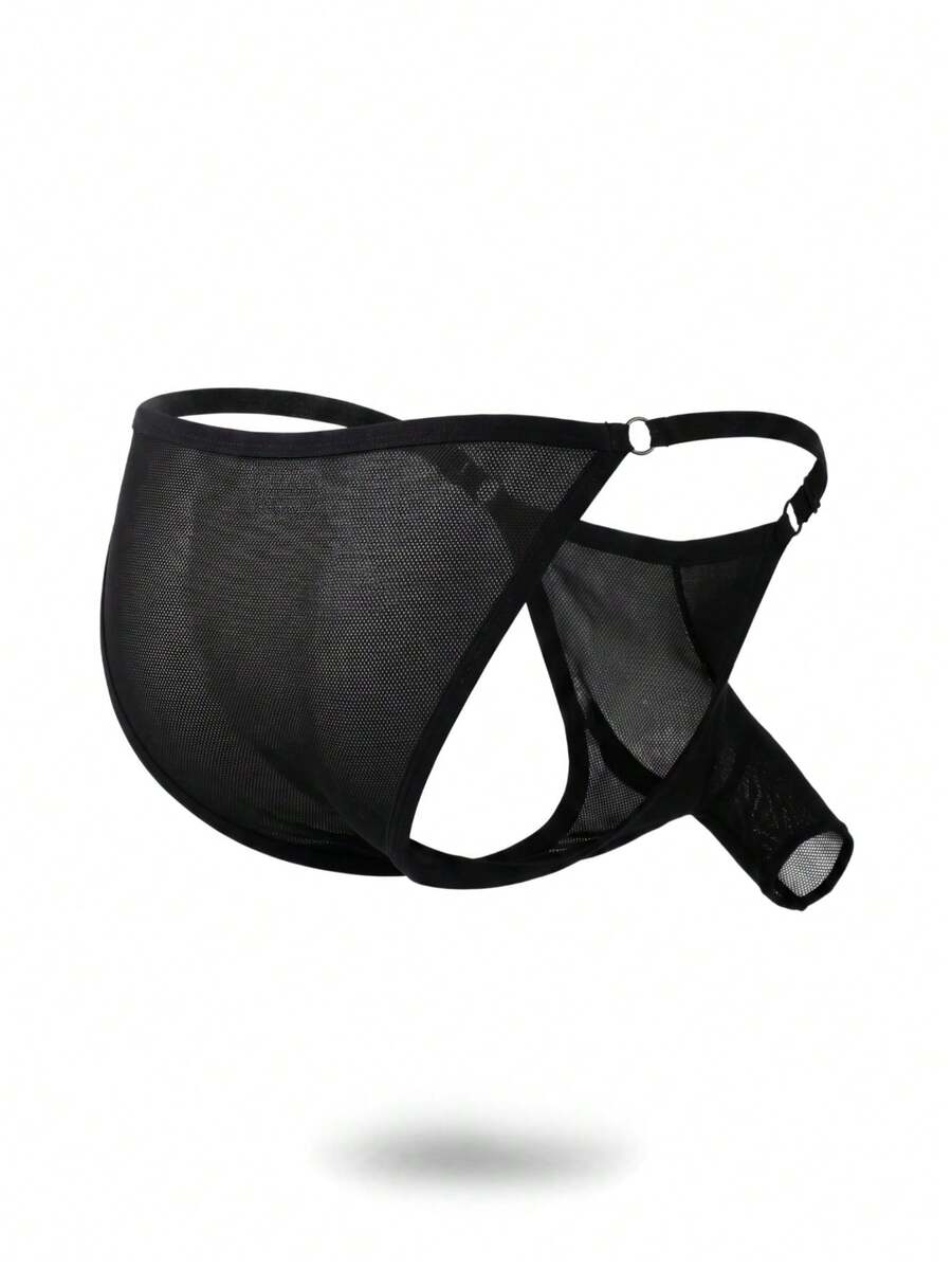 Men's black low rise elephant trunk briefs featuring ring detail and medium stretch fabric.