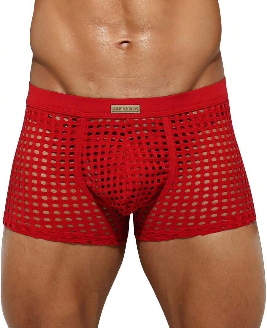 Men's breathable mesh trunk underwear featuring plain contrast mesh design and quick-drying polyester fabric.