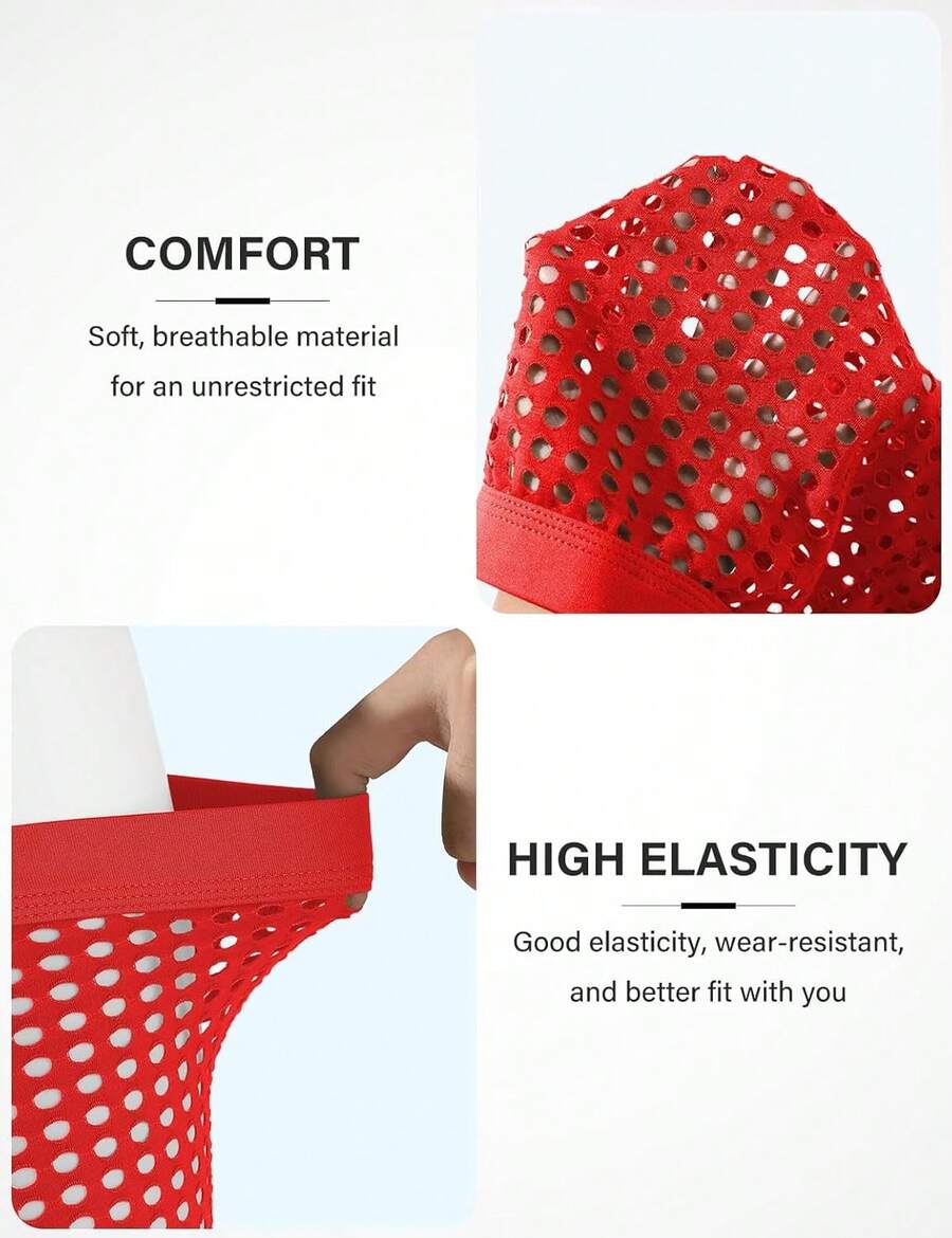 Men's breathable mesh trunk underwear featuring plain contrast mesh design and quick-drying polyester fabric.