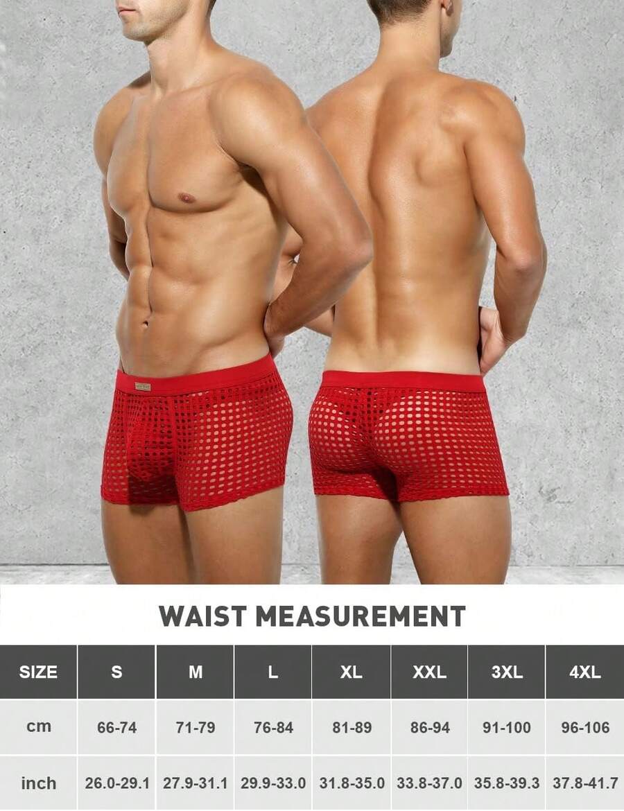 Men's breathable mesh trunk underwear featuring plain contrast mesh design and quick-drying polyester fabric.