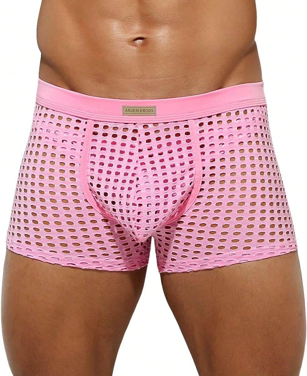 Men's breathable mesh trunk underwear featuring plain contrast mesh design and quick-drying polyester fabric.