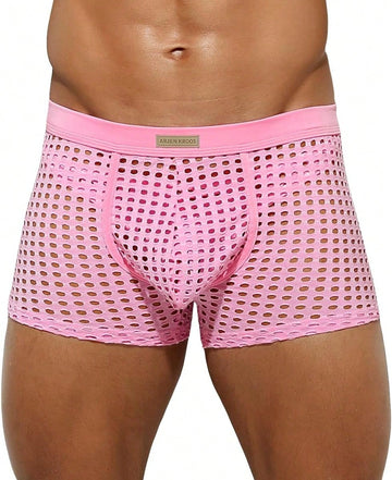 Men's breathable mesh trunk underwear featuring plain contrast mesh design and quick-drying polyester fabric.