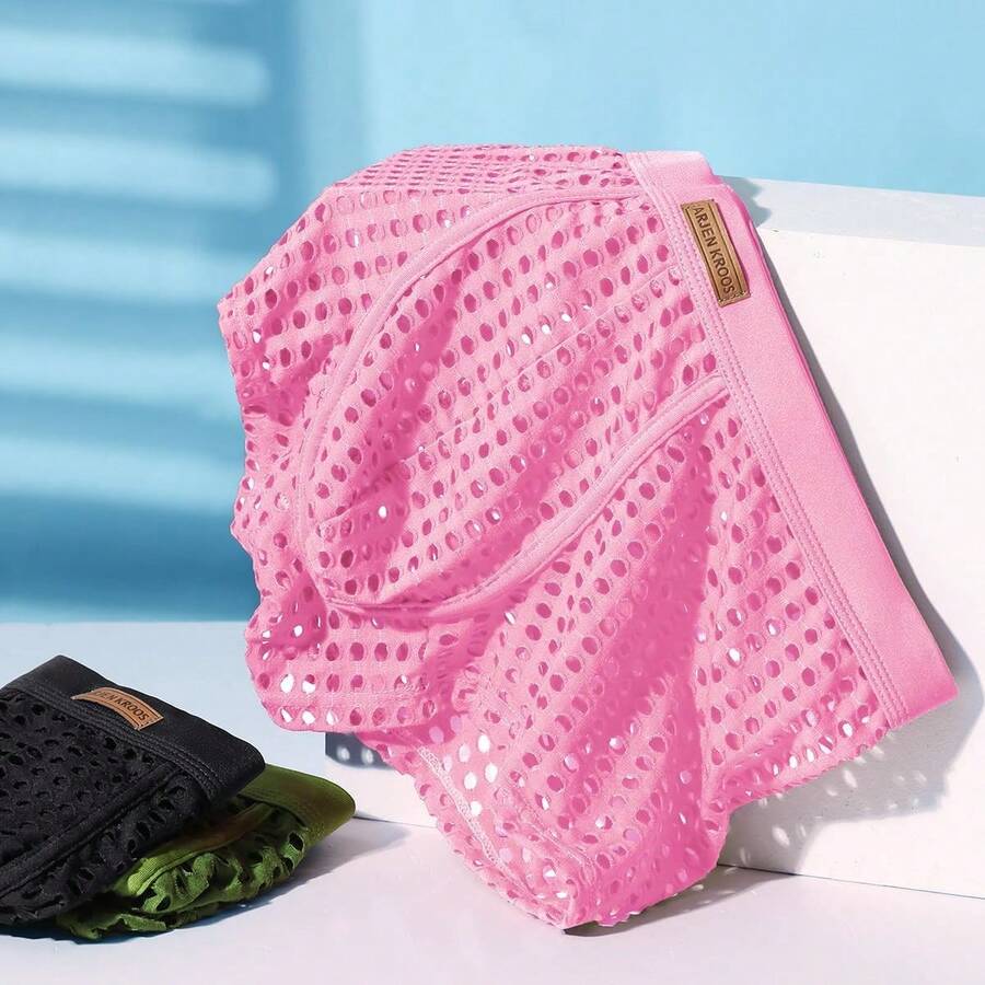 Men's breathable mesh trunk underwear featuring plain contrast mesh design and quick-drying polyester fabric.