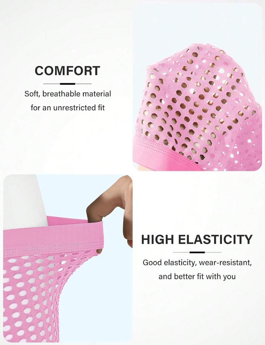 Men's breathable mesh trunk underwear featuring plain contrast mesh design and quick-drying polyester fabric.