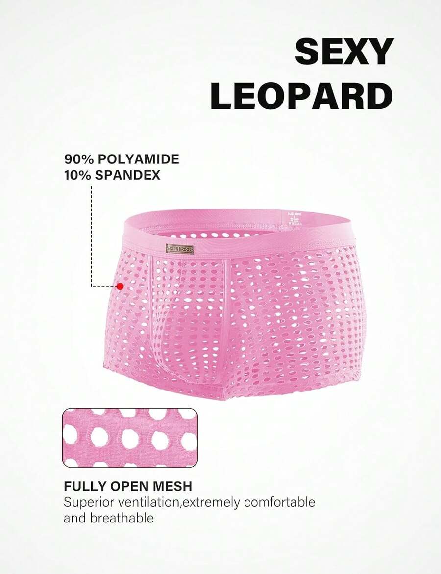Men's breathable mesh trunk underwear featuring plain contrast mesh design and quick-drying polyester fabric.