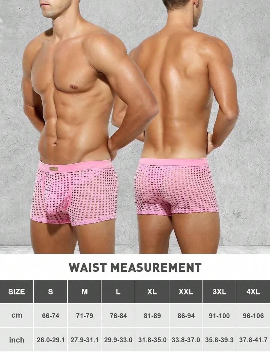 Men's breathable mesh trunk underwear featuring plain contrast mesh design and quick-drying polyester fabric.