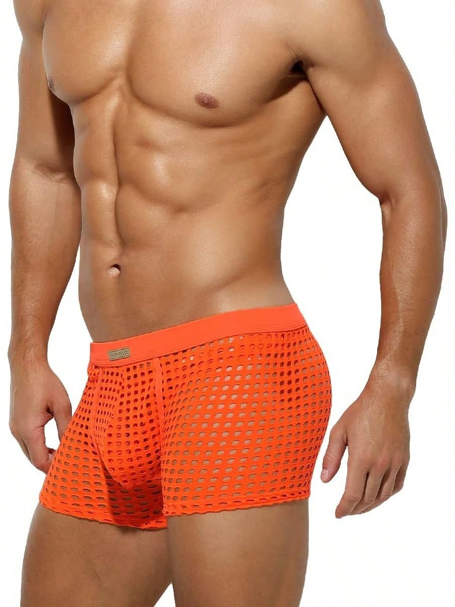 Men's breathable mesh trunk underwear featuring plain contrast mesh design and quick-drying polyester fabric.
