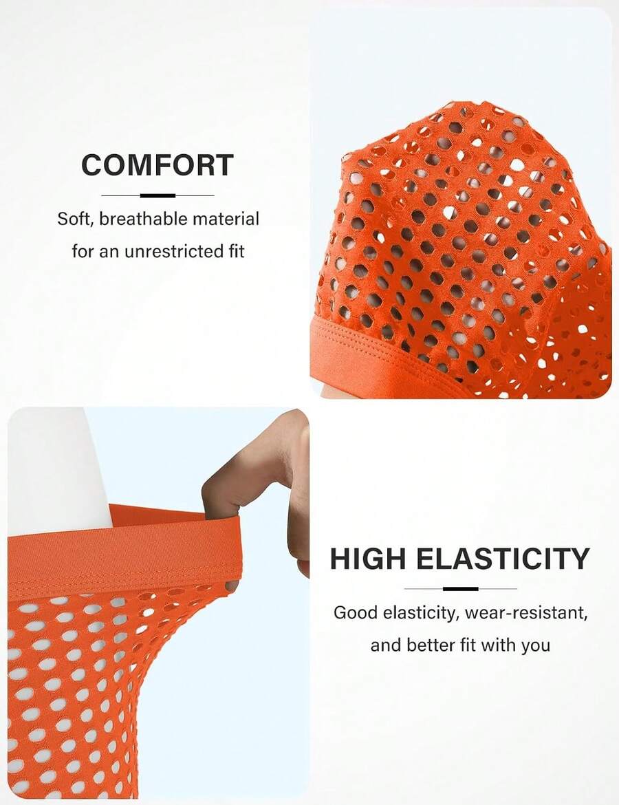 Men's breathable mesh trunk underwear featuring plain contrast mesh design and quick-drying polyester fabric.