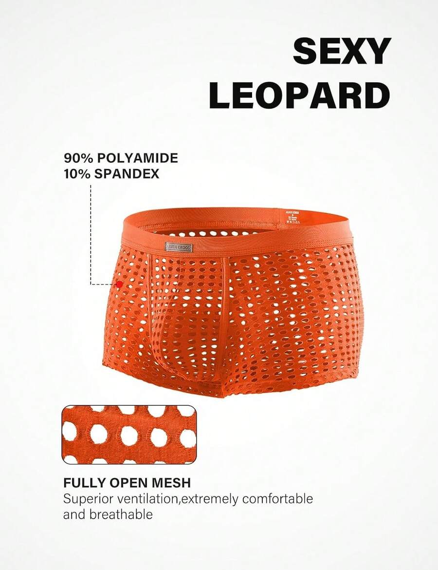 Men's breathable mesh trunk underwear featuring plain contrast mesh design and quick-drying polyester fabric.