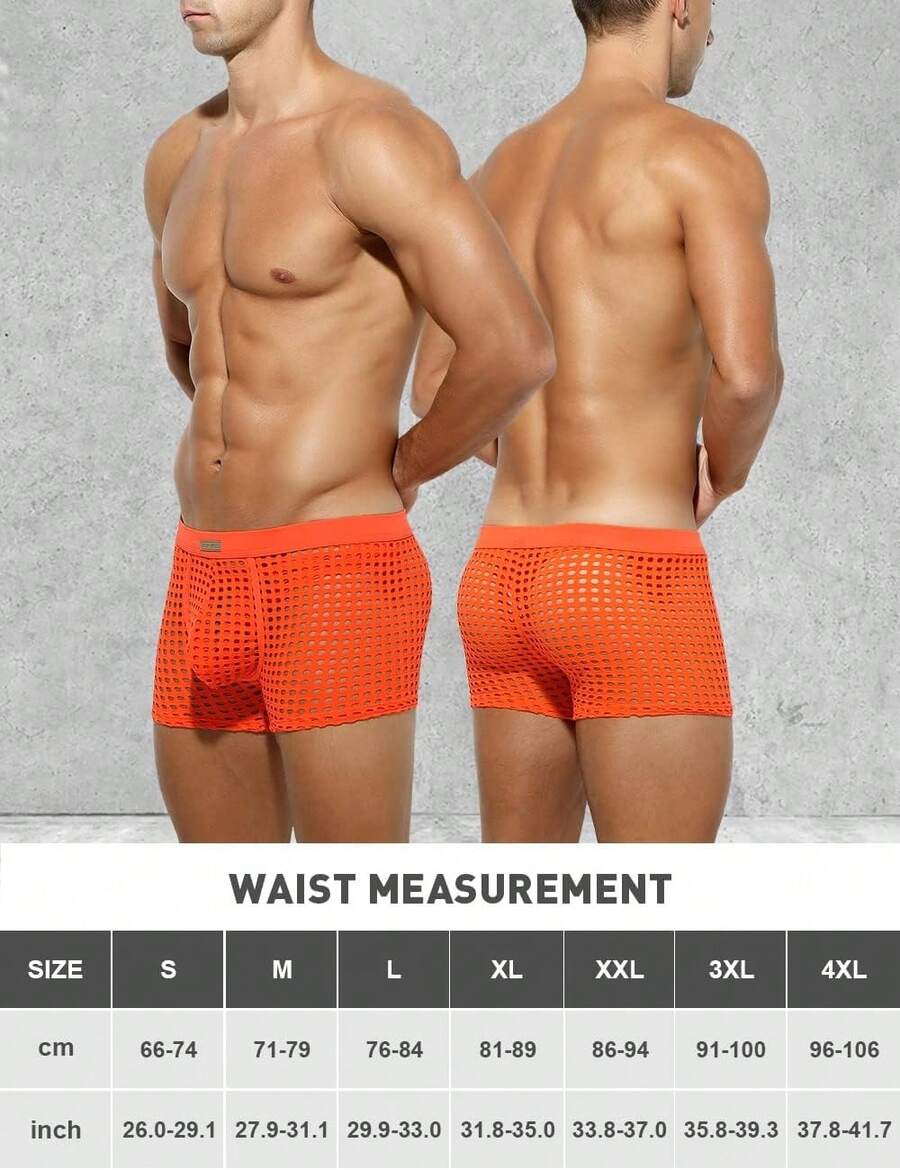 Men's breathable mesh trunk underwear featuring plain contrast mesh design and quick-drying polyester fabric.