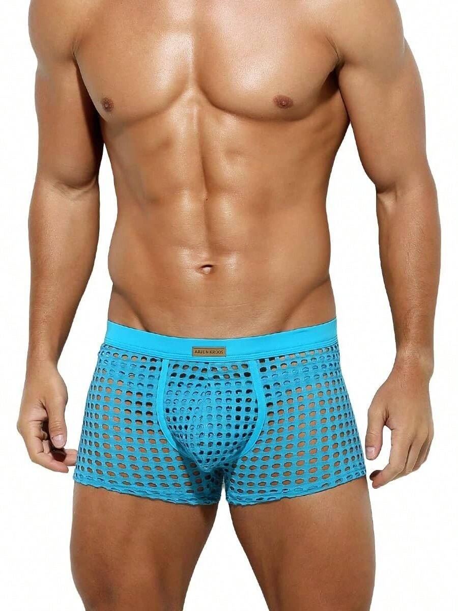Men's breathable mesh trunk underwear featuring plain contrast mesh design and quick-drying polyester fabric.