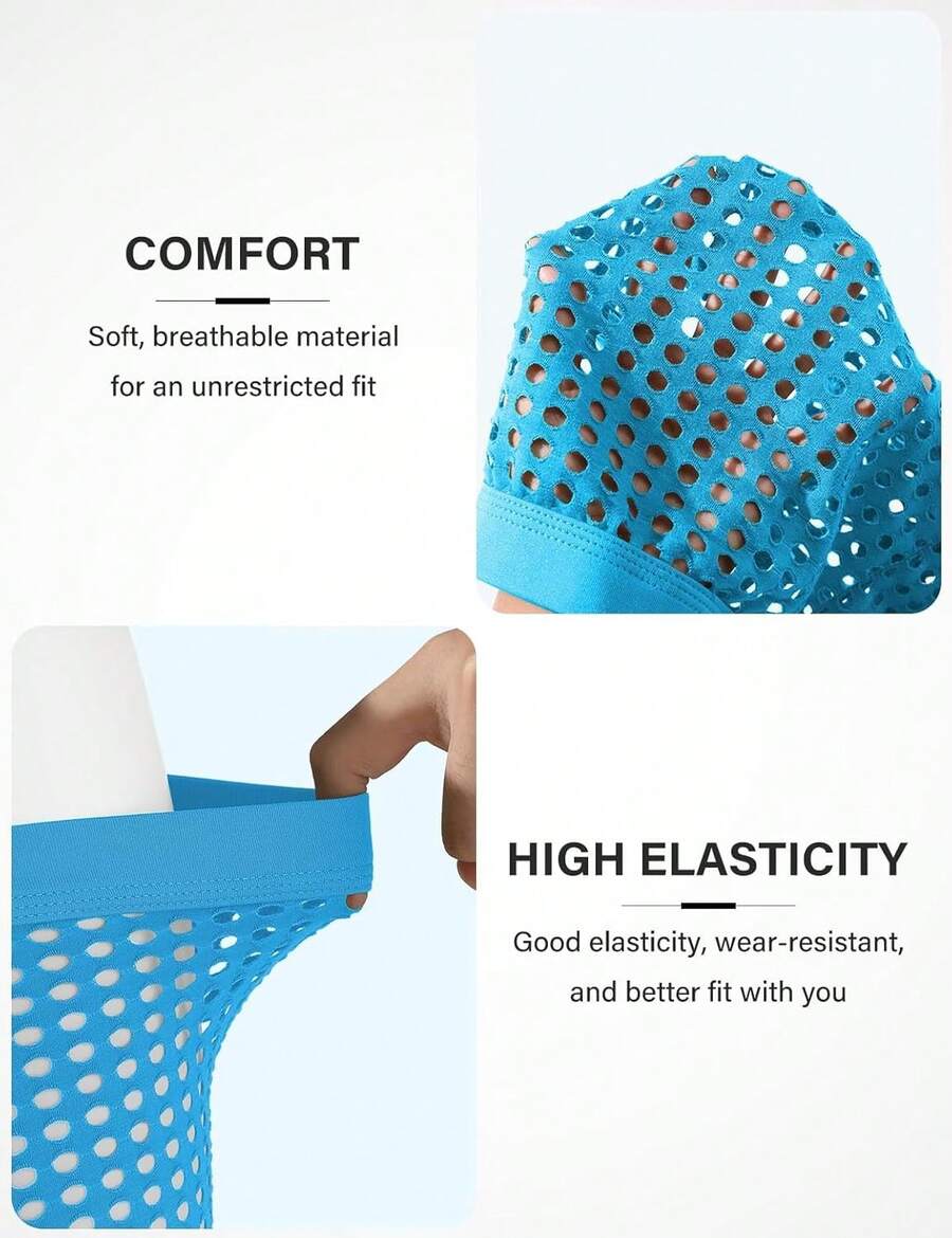 Men's breathable mesh trunk underwear featuring plain contrast mesh design and quick-drying polyester fabric.