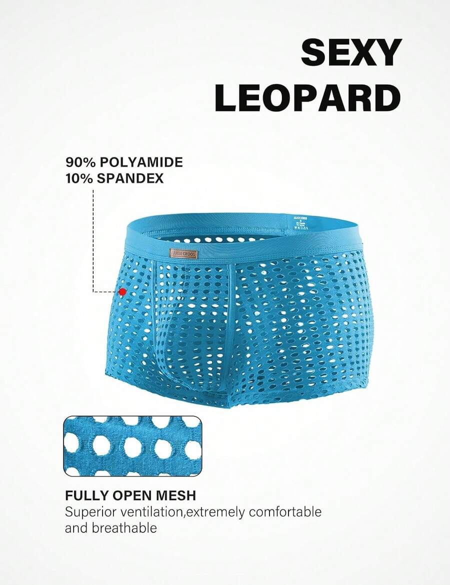 Men's breathable mesh trunk underwear featuring plain contrast mesh design and quick-drying polyester fabric.